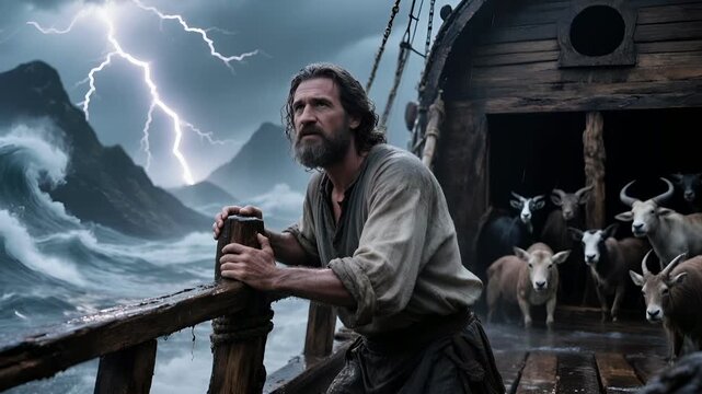 Noah Watching Lightning Reflect on the Ark as Waves Rise Like Mountains