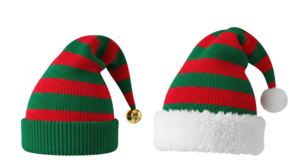 Two striped elf hats with pompoms are displayed in the image