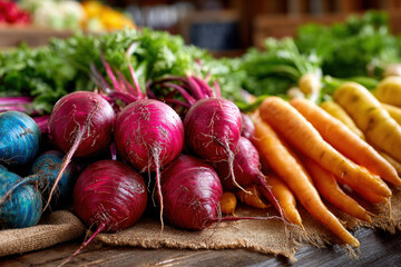 Fresh beets carrots and parsnips on burlap