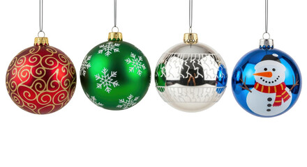 Four colorful christmas ornaments, each with a unique design and hanging from a string