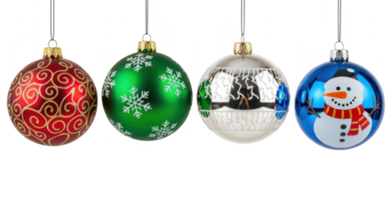 Four colorful christmas ornaments, each with a unique design and hanging from a string