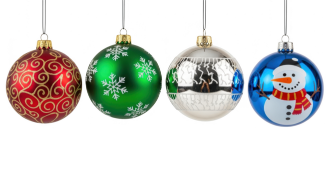 Four colorful christmas ornaments, each with a unique design and hanging from a string