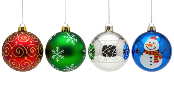 Four christmas ornaments, each with a unique design and hanging from a string for holiday decoration
