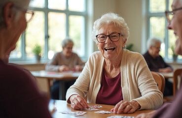 Happy senior women play cards together in a community center room. Friends enjoy a fun game of chance and social interaction during their day.
