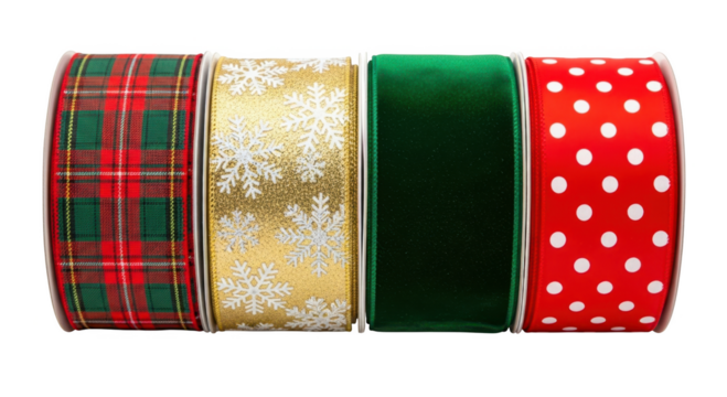 Festive christmas ribbon rolls featuring plaid, snowflakes, velvet, and polka dots