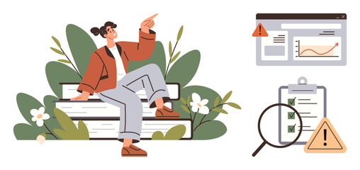 Woman sitting on stacked books surrounded by plants pointing upward, paired with web interface, checklist, magnifying glass, and alert icons. Ideal for research, education, analysis, decision-making