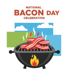 Bacon Day Celebration - Grilled Bacon Strips with Flames and Smoke.