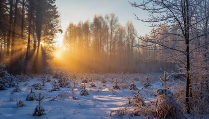 The Breathtaking Beauty of Winter's Embrace A Serene Sunrise Illuminating the Snowy Forest with Golden Rays, Creating a Magical and Tranquil Landscape