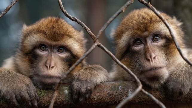 Macaques clinging to a fence
