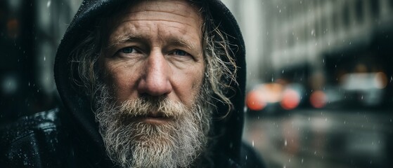 Conceptual image portrait of a homeless hobo older man with a gray beard gazes intently, his face reflecting wisdom and life’s hardships. Resilience, experience, raw human emotion.
