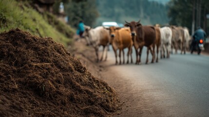 Manure along a rural road in Asia where cattle roam