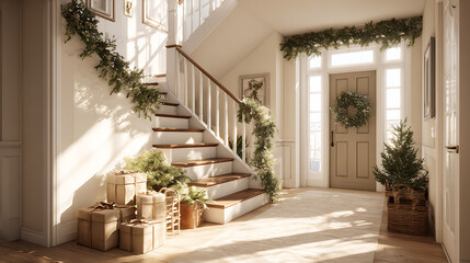 Sunlit cozy holiday foyer with garlanded staircase wreath rustic gifts and evergreen tree