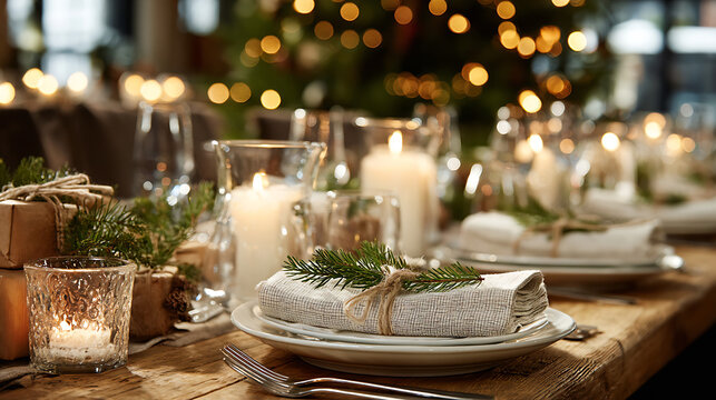 Cozy rustic holiday table with candles and pine sprig warm New Year home dinner setting