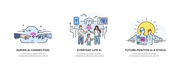 Set of illustrations concept with businessmen. technology, partnership, artificial intelligence business robot, cybes. linear illustration Icons infographics. Landing page site print poster. Line