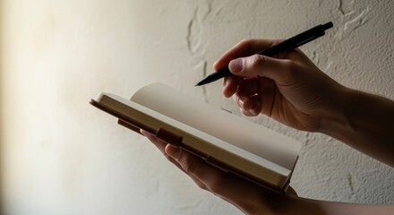 Notebook with notes and pencil on old brick background, realistic composition