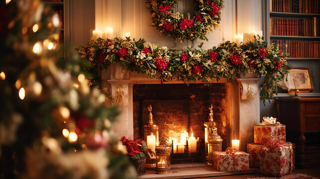 Warm cozy Christmas living room with decorated fireplace mantel wreath garland candles and wrapped gifts