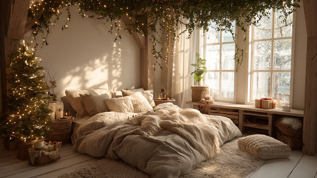 Cozy Christmas bedroom with warm fairy lights soft linen bedding rustic holiday decor and snowy window