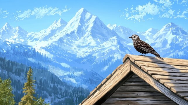A bird is perched on a roof of a cabin in the mountains