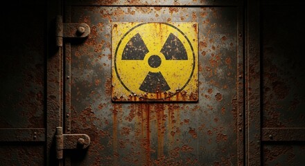 Yellow radiation hazard sign on corroded metal surface, dark industrial atmosphere.