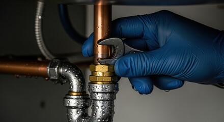 Obraz premium Primer plano de una mano con guante apretando una tuerca debajo del fregadero, enfoque en el metal y el agua 