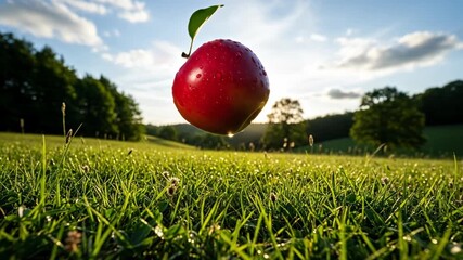 Red apple falling onto green grass, sunlight breaking through clouds, representing Newton Day and gravity concept. - Powered by Adobe