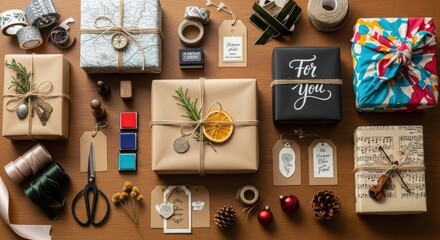 Variety of wrapped gift boxes and craft supplies arranged on a wooden table. Creative present wrapping concept for holiday or birthday celebration.
