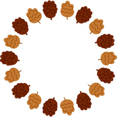 Autumn Pinecone Circular Wreath Frame Border. Natural pine cone element, vector isolated