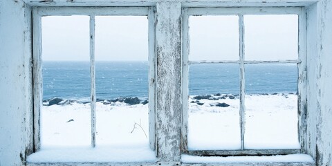 Enjoying a serene winter seascape view through a rustic window, capturing beauty and tranquility