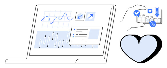 Laptop screen showing data graphs, progress metrics, hand holding mobile insights, heart icon. Ideal for technology, analytics, marketing, e-commerce consumer trends social impact health. Simple