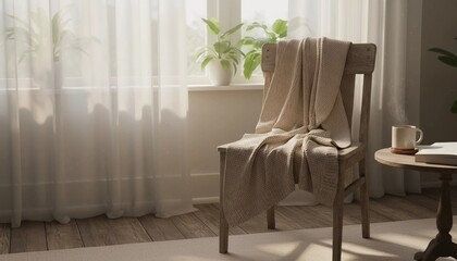 Serene Interior Still Life A Cozy Chair with a Blanket, Table and a Plant Bathed in Soft Daylight