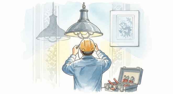 Watercolor illustration of an electrician fixing a ceiling lamp. The scene depicts professional work, maintenance, and home improvement. Great for articles on repair services or skilled trades.