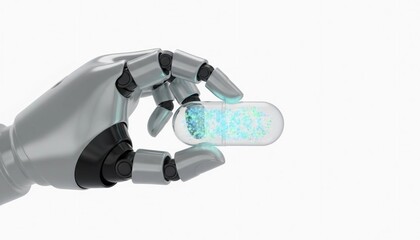 Conceptual 3D illustration of a futuristic robotic hand holding a transparent smart pill filled with glowing nanobots, representing advancements in medicine and AI technology