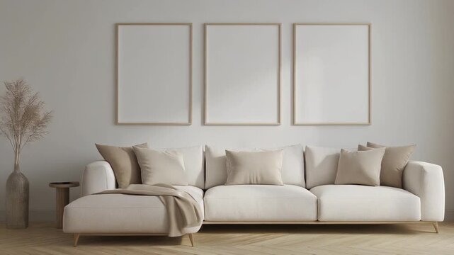 Modern living room with white sofa, beige pillows, and three empty vertical frames on a white wall. Stylish, minimalist, perfect for wall art mockup and home decor design.