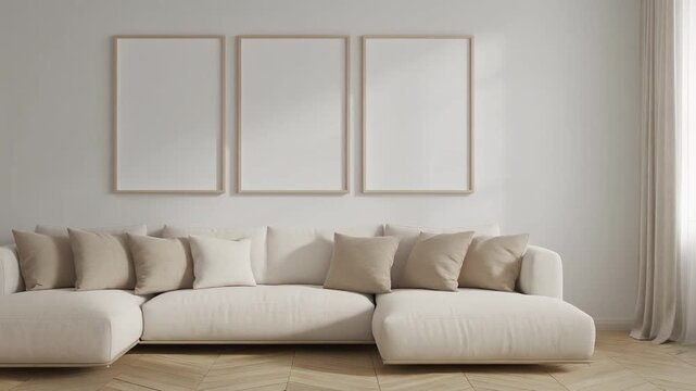 Modern living room with white sofa, beige pillows, and three empty vertical frames on a white wall. Stylish, minimalist, perfect for wall art mockup and home decor design.