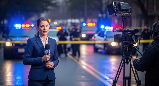 Woman reporter broadcasting live news from crime scene at night. Journalist reporting tragic event. Serious female newscaster with camera and microphone.