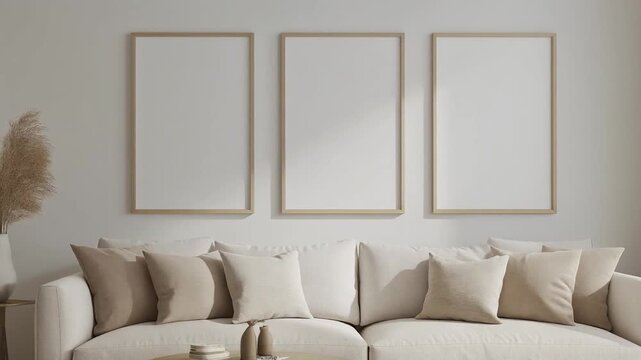Modern living room with white sofa, beige pillows, and three empty vertical frames on a white wall. Stylish, minimalist, perfect for wall art mockup and home decor design.