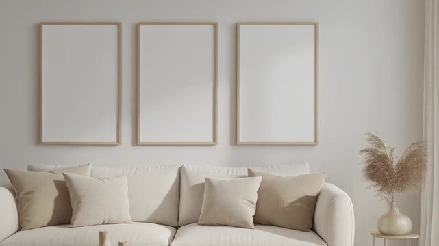 Modern living room with white sofa, beige pillows, and three empty vertical frames on a white wall. Stylish, minimalist, perfect for wall art mockup and home decor design.