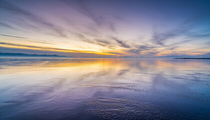 Stunning Golden Hour Sunset Reflection on a Salty Shoreline, Creating a Mirrored Image of the Vibrant Sky and Streaking Clouds Over Calm Waters