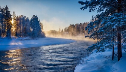 Serene winter landscape with a gently flowing river bathed in golden morning sunlight, surrounded by snow-covered trees and a frosty, mist-filled atmosphere