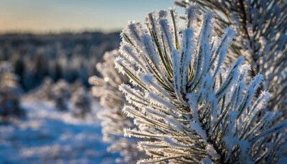 Close-up of a frost-covered pine branch in the soft light of dawn, with a blurred winter forest landscape in the background, evoking a sense of cold and stillness