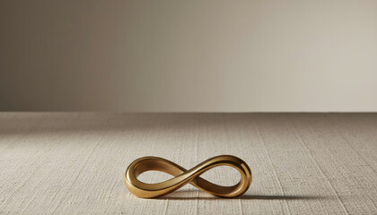 A gleaming golden infinity symbol resting on a light-colored wooden surface, casting a soft shadow against a muted, gradient background, symbolizing eternity and endlessness in a minimalist setting