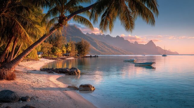 Palm beach view at Cook Bay Moorea French Polynesia