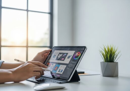 Woman designer working on graphic design project on digital tablet with stylus pen. Creative process and digital art concept for innovation. - Powered by Adobe