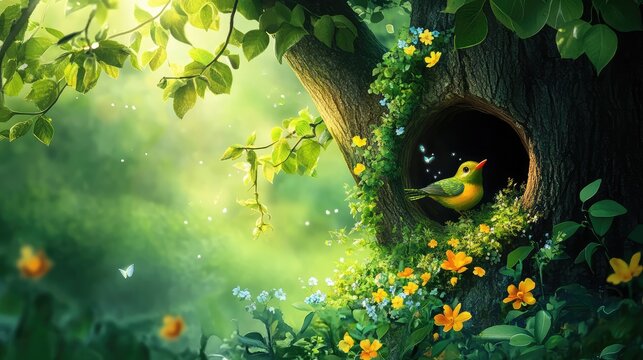 A bird is sitting in a nest in a tree - Powered by Adobe