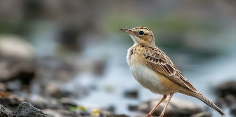 Fototapeta premium Paddyfield pipit Anthus rufus fluffing its feathers Van Long Gia Vien Ninh Binh Vietnam