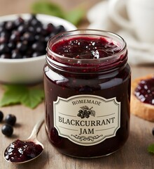 Homemade Blackcurrant Jam with Fresh Berries and Spoon on a Wooden Table