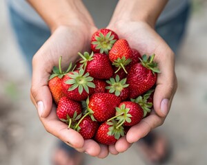 Hands holding a pile of fresh ripe strawberries.