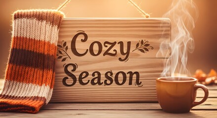 Cozy Season Wooden Sign with Steaming Mug and Knitted Scarf
