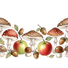 Autumn Harvest Border with Watercolor Mushrooms, Apples, and Acorns