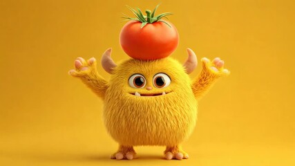 Funny cartoon character with tomato on its head showing different facial expressions. Monster mascot balancing food for healthy eating. - Powered by Adobe